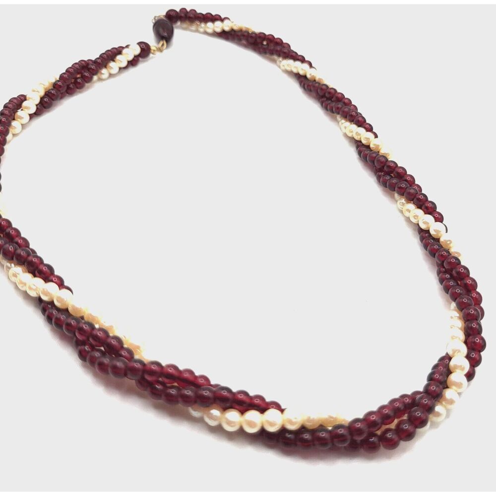 Vintage 1950s Twisted Bohemian Pearl and Garnet Beaded Collar Necklace 19in - Picture 4 of 4